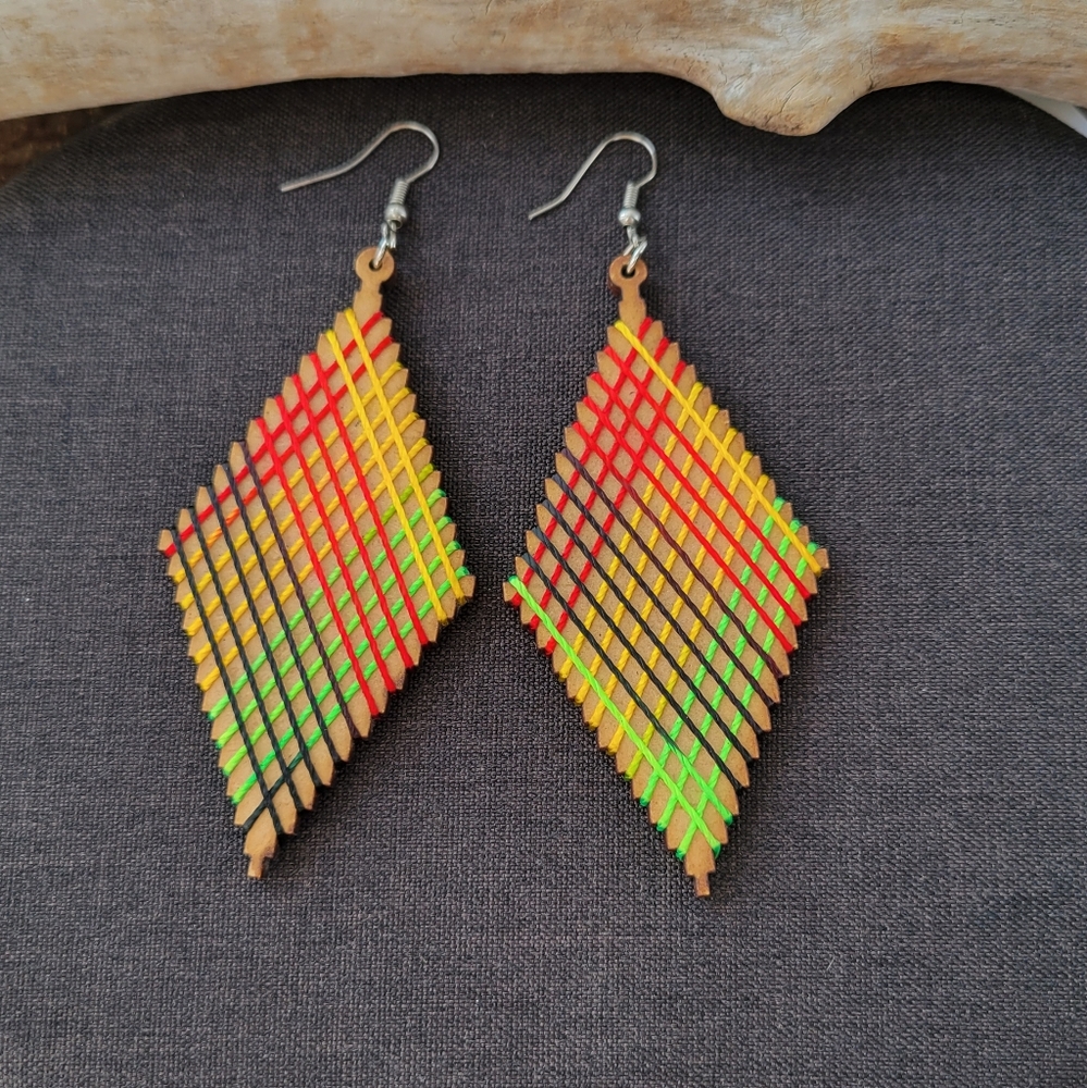 Handmade Multicolor Geometric Wooden Earrings - Picture 2 of 7
